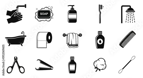 Collection of essential personal hygiene and bathroom items, featuring various grooming tools and care products in a clean, minimalist icon design