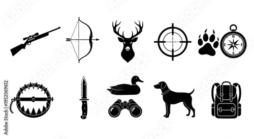 Hunting icons Rifle, bow and arrow, deer head, crosshair, paw print, compass, trap, knife, duck, dog, binoculars, and backpack