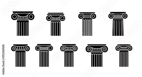 Collection of Various Ionic Column Tops with Distinct Decorative Scrolls and Volutes on a White Background