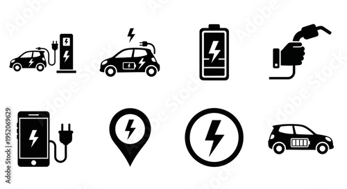 Electric Vehicle Charging Station and Battery Power Icons Set for Sustainable Transportation Technology