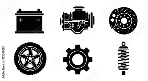 Collection of black automotive icons representing car parts and mechanics, suitable for automotive industry and repair services