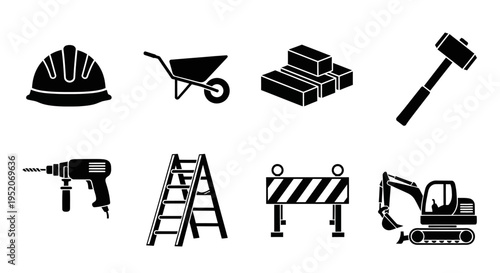 Diverse set of construction industry vector icons showcasing essential tools and machinery crucial for site development and progress