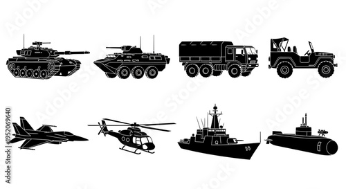 Collection of military vehicles and aircraft silhouettes including a tank, armored car, truck, jeep, fighter jet, helicopter, battleship, and submarine
