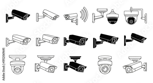 Collection of various security camera icons for surveillance and monitoring systems, emphasizing safety and vigilance