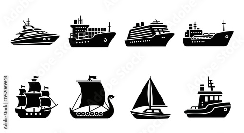 A Diverse Collection of Silhouette Icons Representing Various Sea and River Transport Vessels