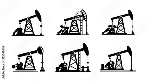 Set of diverse oil pumpjack silhouettes. Industrial equipment for petroleum extraction, a symbol of the global energy industry