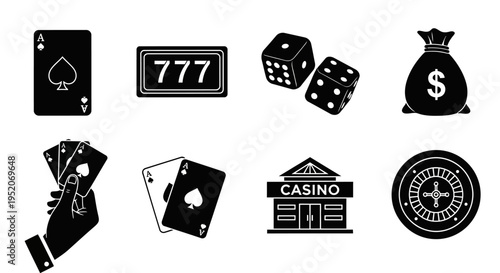 Monochrome Vector Icons Depicting Casino Games, Gambling, and Betting Concepts