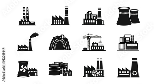 Diverse Industrial Facilities and Manufacturing Plants Vector Icon Set Depicting Factories, Power Stations, and Production Infrastructure Silhouettes