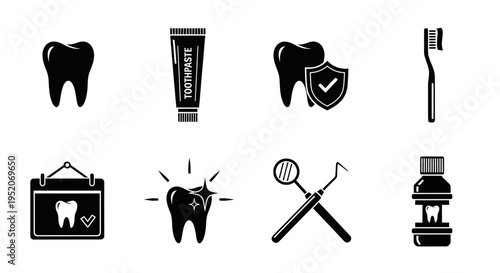 Comprehensive Set of Dental Care and Oral Hygiene Icons - A Collection of Tooth, Toothpaste, Toothbrush, and Dentistry Tool Symbols