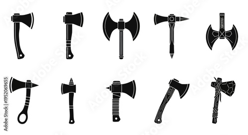 Collection of various axe and hatchet tools for cutting and chopping, with detailed illustrations