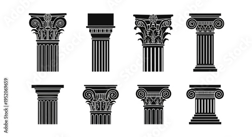 Collection of Greek and Roman architectural columns in various styles and ornate capitals