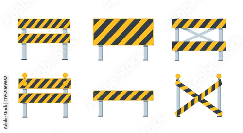Collection of safety barriers and construction caution signs for traffic and road work management