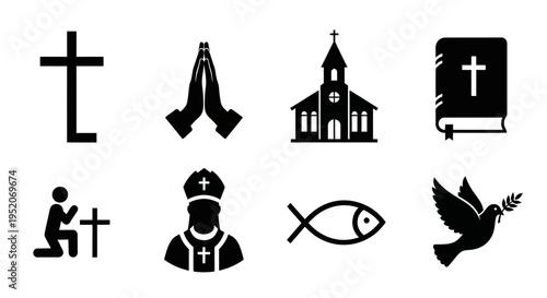 Collection of Religious Icons Cross, Praying Hands, Church, Bible, Kneeling Person, Bishop, Fish Symbol, Dove with Olive Branch