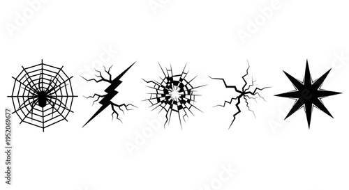 Dynamic collection of abstract vector graphics featuring cracks, spider web, and starburst shapes