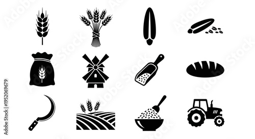 Collection of Agricultural Icons Wheat, Tractor, Mill, and Harvest Symbols