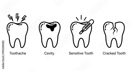 Set of four icons representing different dental problems toothache, cavity, sensitive tooth, and cracked tooth