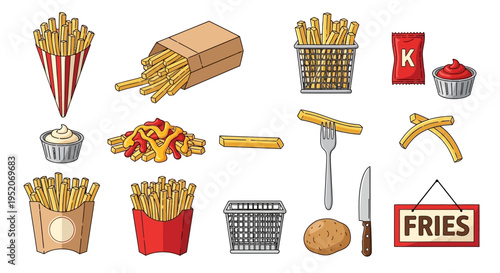 A vibrant collection of assorted french fries, dips, and sauces perfect for any fast food or restaurant theme