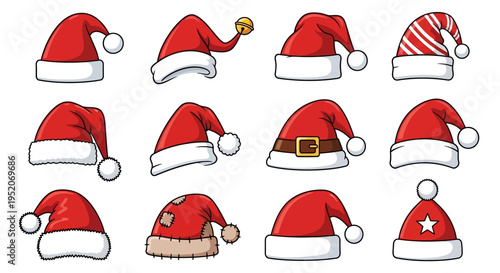 Collection of various festive red Santa Claus hats with white trim and playful designs for Christmas celebrations