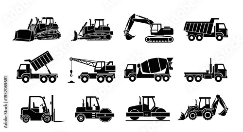 Collection of construction vehicles and heavy machinery, industrial equipment, and heavy transport vehicles