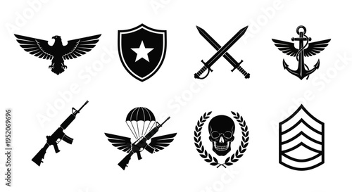 Collection of Military and Emblems Vector Icons Representing Security, Warfare, and Authority