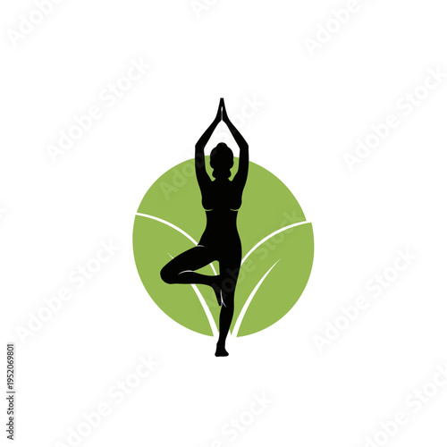 Silhouette of a woman in yoga tree pose with arms raised above her head.