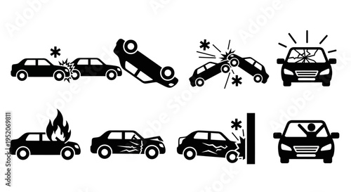 Diverse Vector Icons Illustrating Various Car Accident Incidents and Vehicle Damage Types for Automotive Safety Concepts
