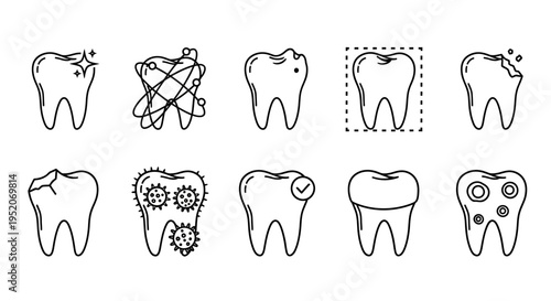 Collection of hand-drawn outline icons representing various dental health conditions and treatments