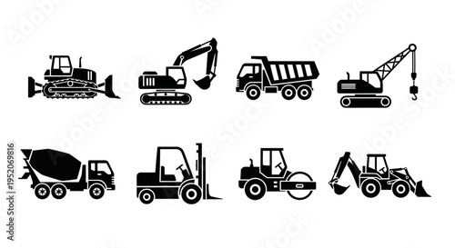 Collection of Heavy Construction Vehicle Icons for Industry and Engineering Projects