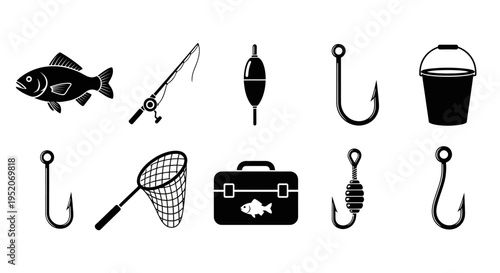 Comprehensive set of fishing equipment icons fish, rod, hooks, net, tackle box, and float in black vector silhouettes