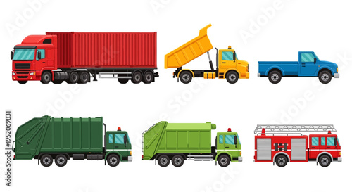 Diverse Collection of Specialized Trucks Industrial and Municipal Vehicles Including Cargo, Dump, Garbage, and Emergency Transport, Isolated Vector Illustration Set