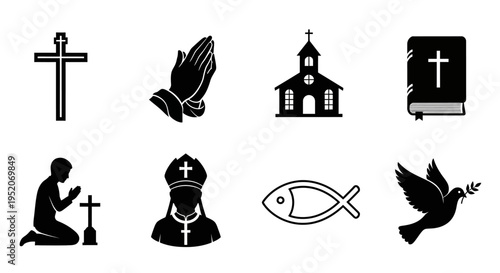 Vector Set of Diverse Christian Faith Symbols and Spiritual Icons Representing Belief and Religious Devotion