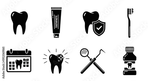 Dental Hygiene and Care Icons Toothbrush, Toothpaste, Mouthwash, and Dental Tools