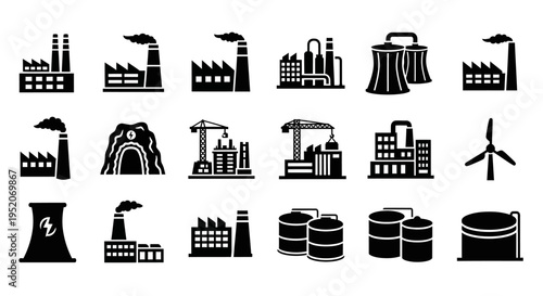 Collection of Industrial Icons Factories, Power Plants, Wind Turbines, and Storage Tanks