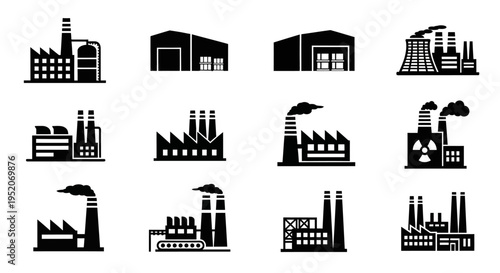 Vector set of industrial factory building icons. Black and white illustrations depicting manufacturing plants, power stations, and environmental pollution concepts