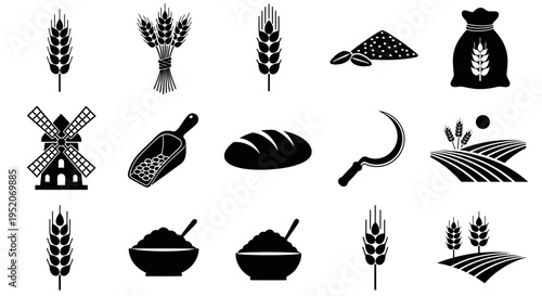 Comprehensive Set of Agricultural Grain and Farming Process Vector Icons for Food Production