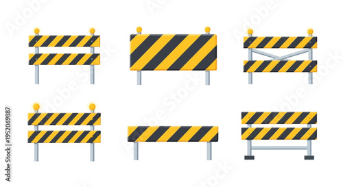 Collection of six different construction barriers with yellow and black stripes on a white background