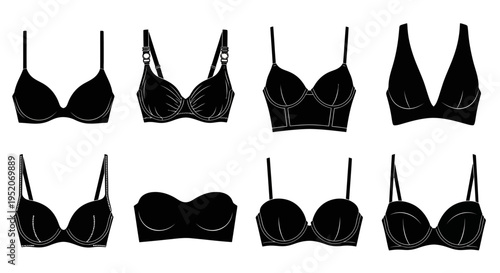 Collection of various black bras in a studio setting, showcasing different styles and designs
