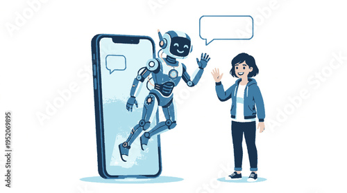 Ai robot emerges from smartphone to interact with a young woman in a modern setting