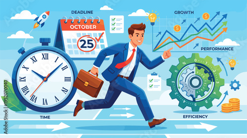 Business businessman running with briefcase toward deadline growth performance and efficiency through time management and professional career success strategy