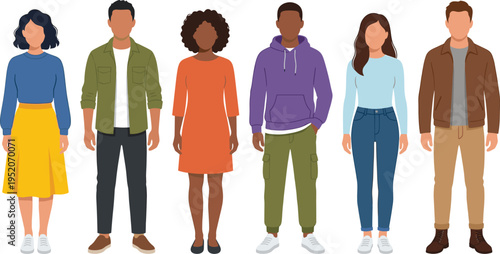 Diverse group of multiracial men and women standing together in casual clothing, flat vector illustration on white background