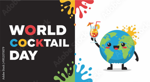 Cheerful globe holding cocktail in colorful playful illustration for World Cocktail Day celebration in vibrant fun lighting for advertising