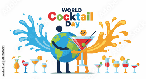 Colorful cocktail celebration on globe with happy people in playful vibrant lighting for World Cocktail Day