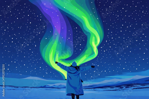 Man in winter night snow under moon and stars