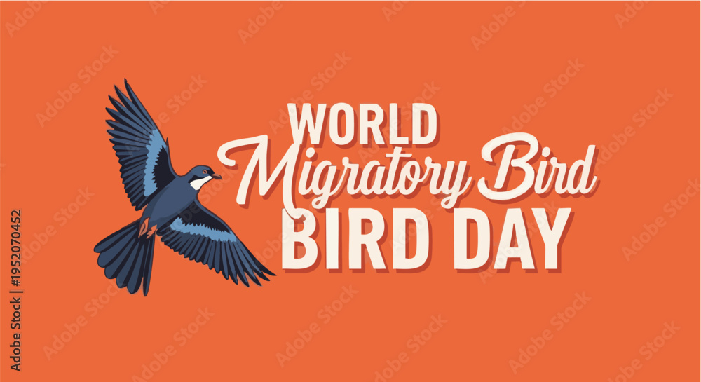 Fototapeta premium Blue swallow in flight for World Migratory Bird Day illustration with white script typography on orange background for nature conservation event.
