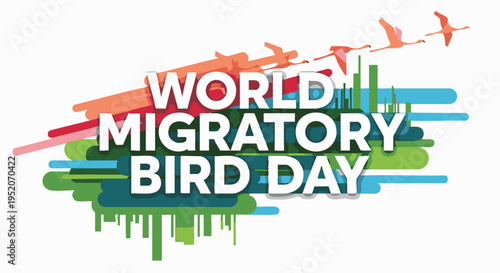 World Migratory Bird Day logo with colorful brush strokes and flying birds in vibrant eco friendly design for conservation