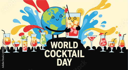 Globe character celebrating World Cocktail Day with colorful drinks in vibrant playful lighting for advertising