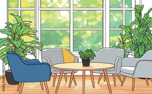 Cozy indoor seating area with plants and large windows in sunlight