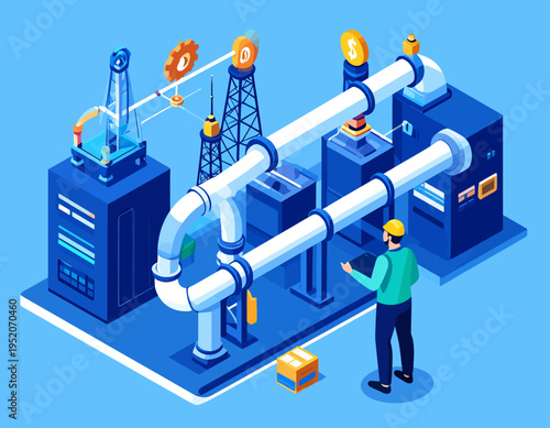 Industrial automation system with engineer monitoring digital manufacturing and data processing pipeline. Modern technology and production efficiency concept