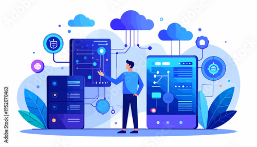 Digital data center with servers and a person interacting with the technology