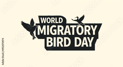 World Migratory Bird Day logo with birds silhouette in black and white on beige background for conservation and ecology